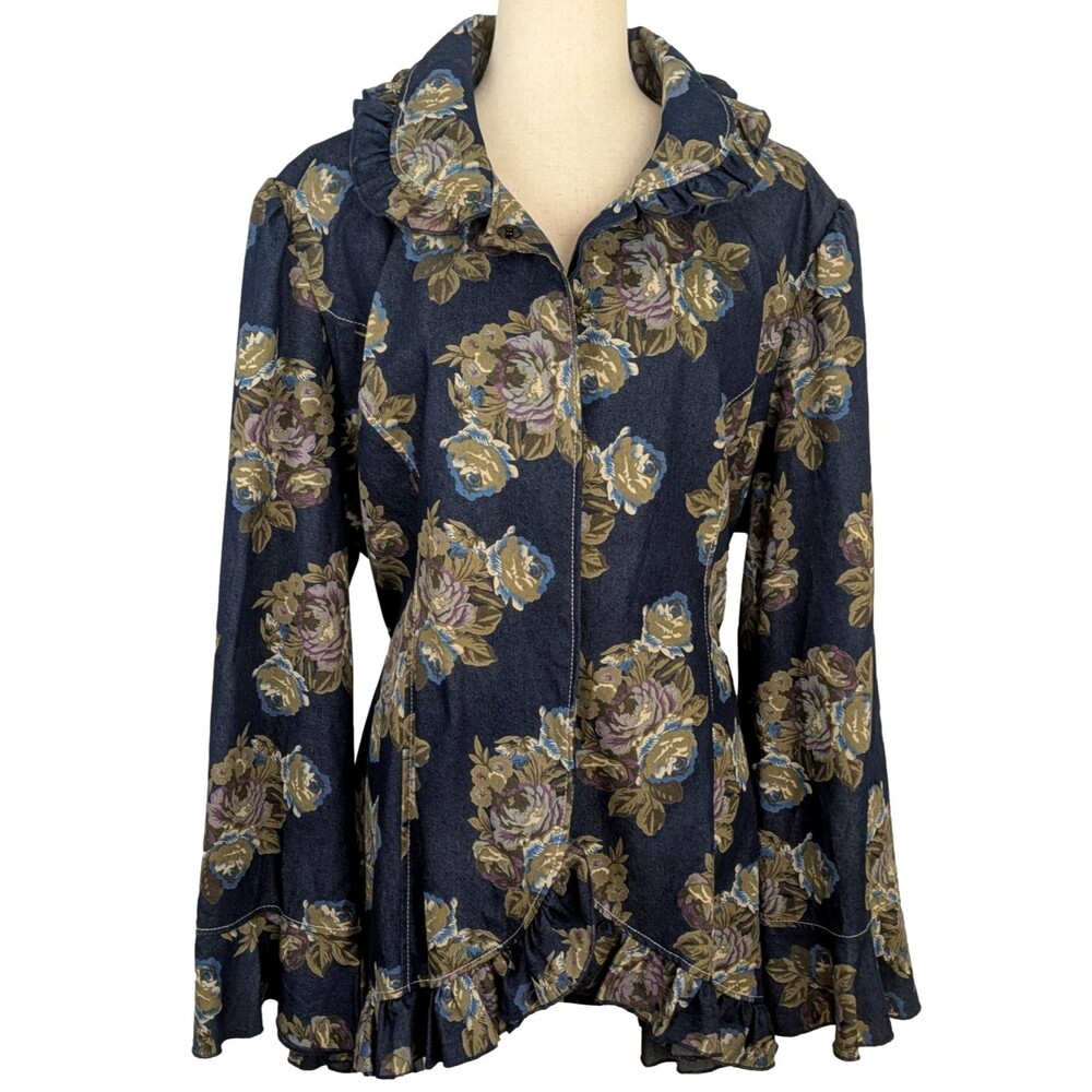 Devine Denim NY Women's 22 Blue Floral Ruffle Snap Front Belted Jacket